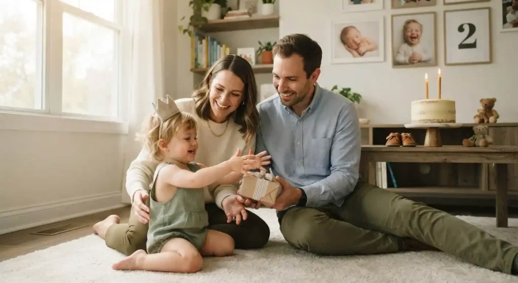 Parents celebrating their toddler's second birthday together