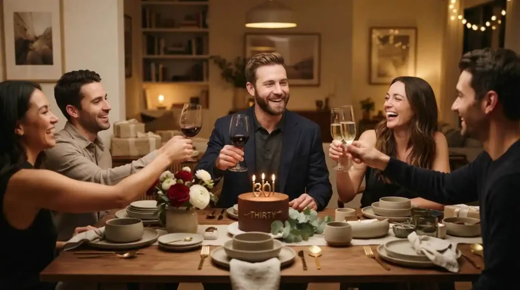 Adult celebrating a 30th birthday with friends