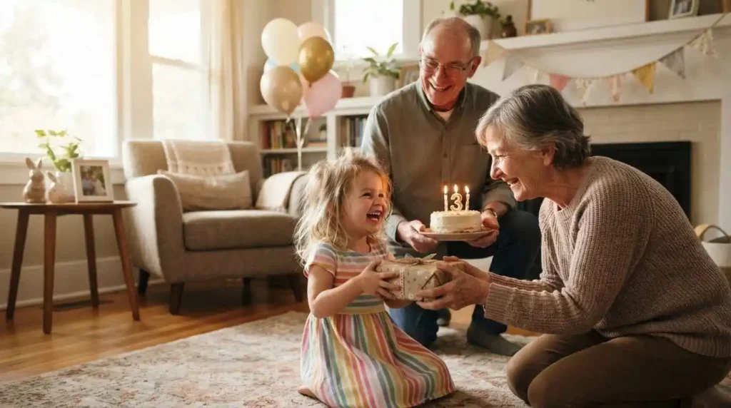 Three-year-old child receiving a birthday gift from grandparents