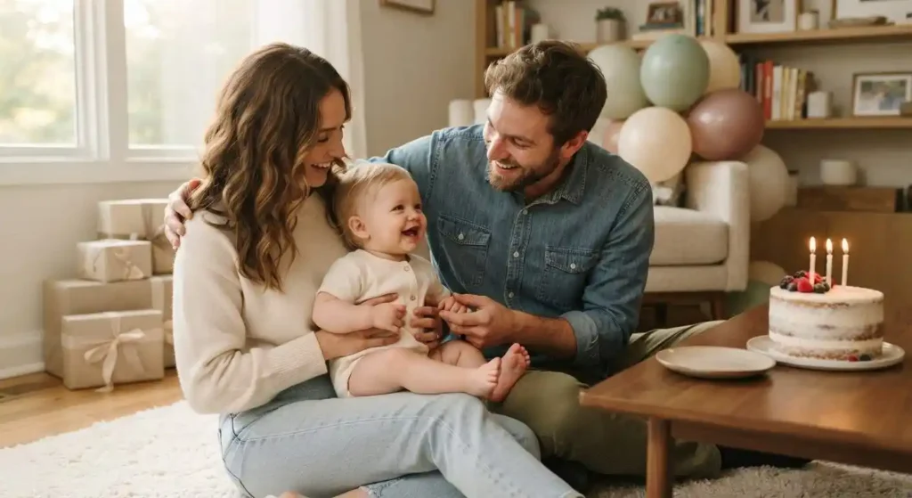 Parents celebrating their baby’s birthday together at home