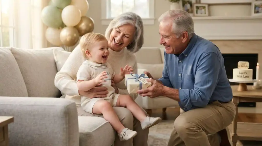 Baby boy receiving a birthday gift from his grandparents