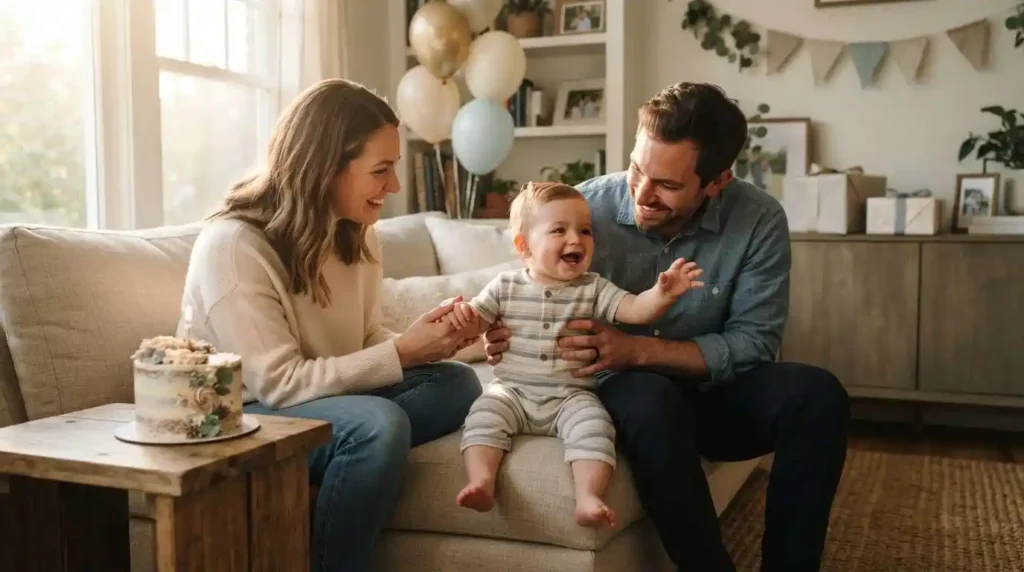 Baby boy celebrating his birthday with his loving parents