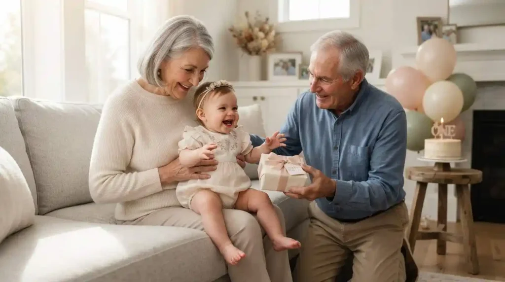 Baby girl receiving a birthday gift from her grandparents