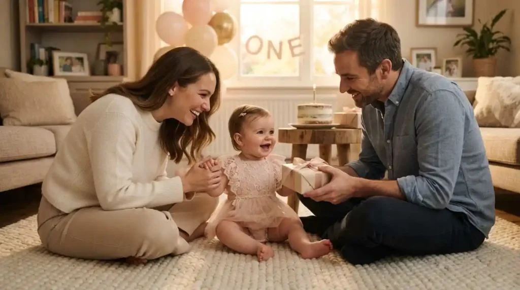 Baby girl celebrating her birthday with her mother and father
