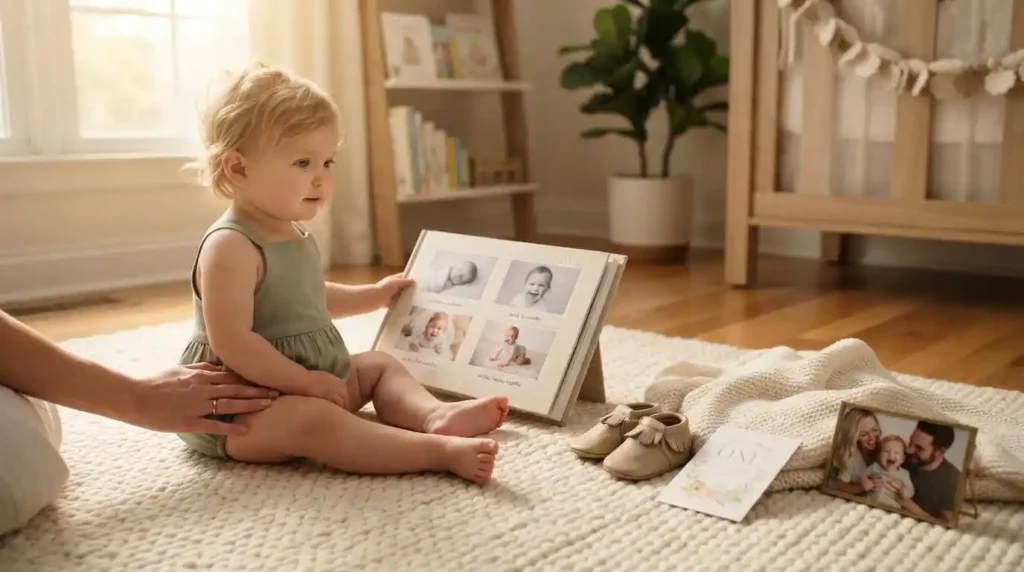 One-year-old baby beside a keepsake book of first-year memories