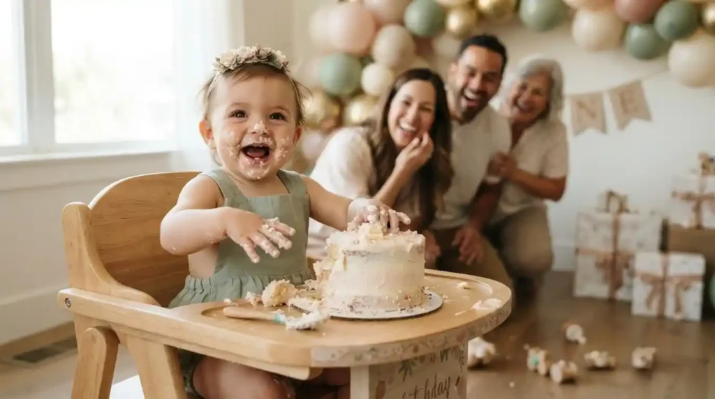 Happy one-year-old baby making a playful cake smash at a birthday party