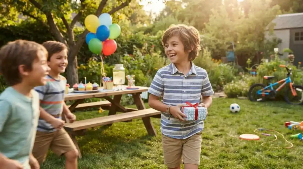 Young boy celebrating his birthday outdoors with friends and gifts