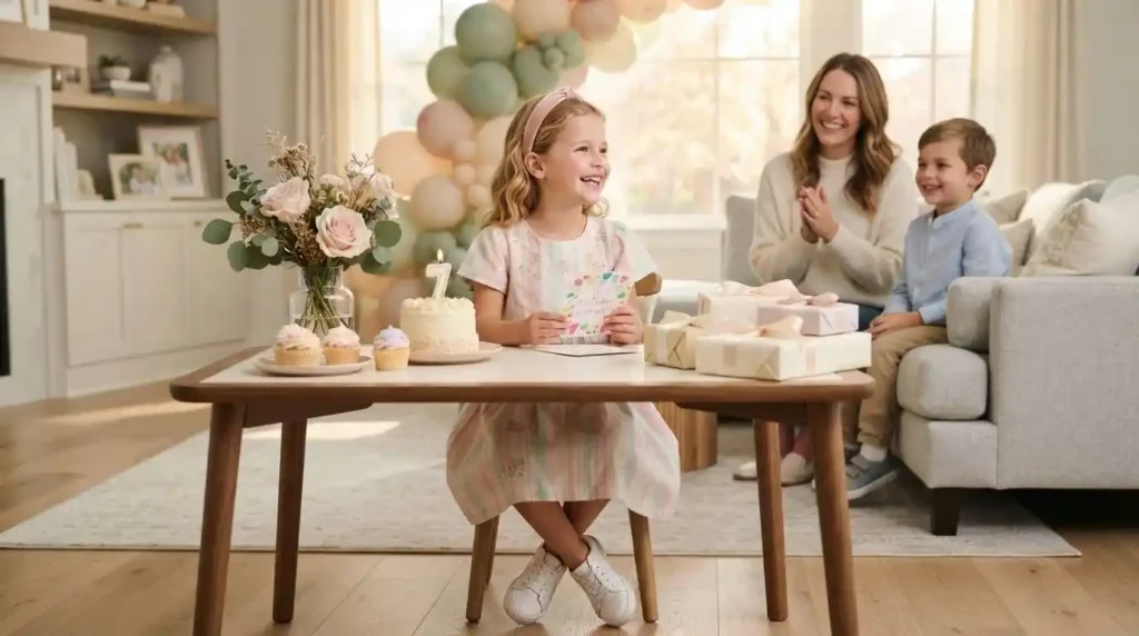 Young girl smiling at her birthday table with family nearby