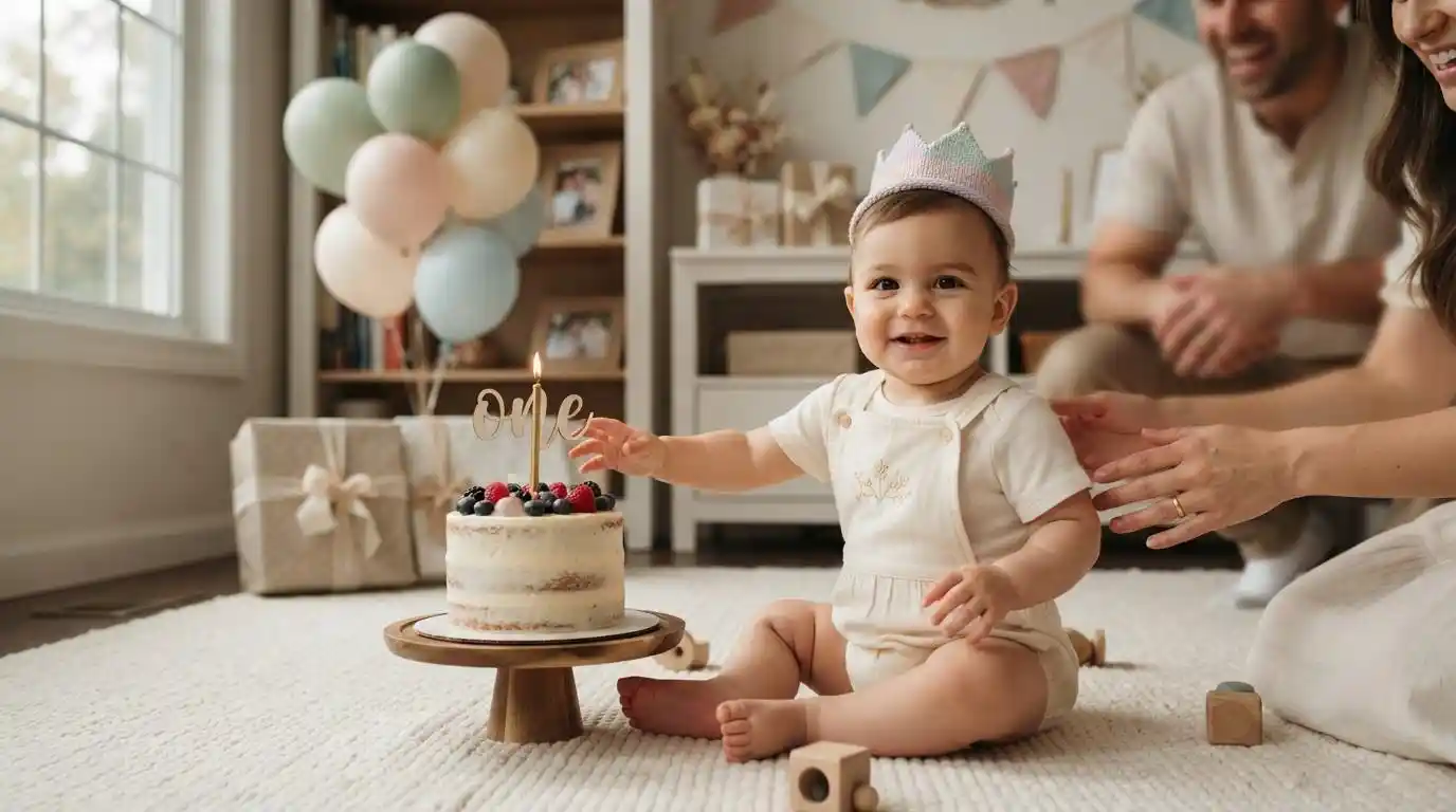 Smiling one-year-old baby celebrating a first birthday with cake and balloons