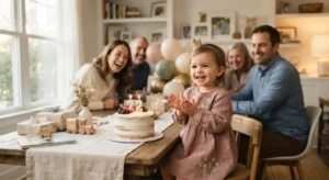 Two-year-old smiling at a warm family birthday celebration