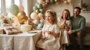 Three-year-old child celebrating a birthday with cake, balloons, and family