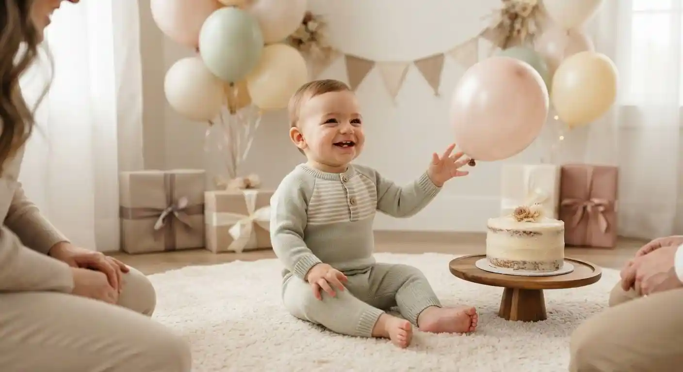 Happy baby celebrating a birthday surrounded by balloons and gifts