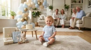 Smiling baby boy reaching for a birthday present at home
