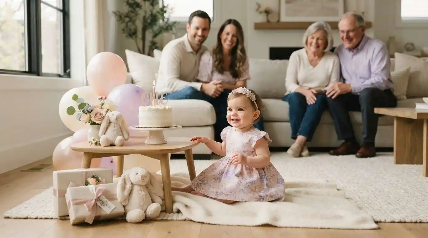 Baby girl smiling at her birthday celebration with family nearby