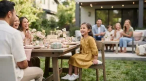 Child smiling during a colorful birthday celebration with family and friends
